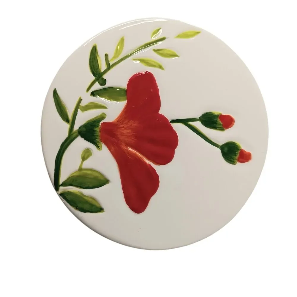 4 Floral Ceramic Handpainted Coasters Red Yellow Blue Green 4.5